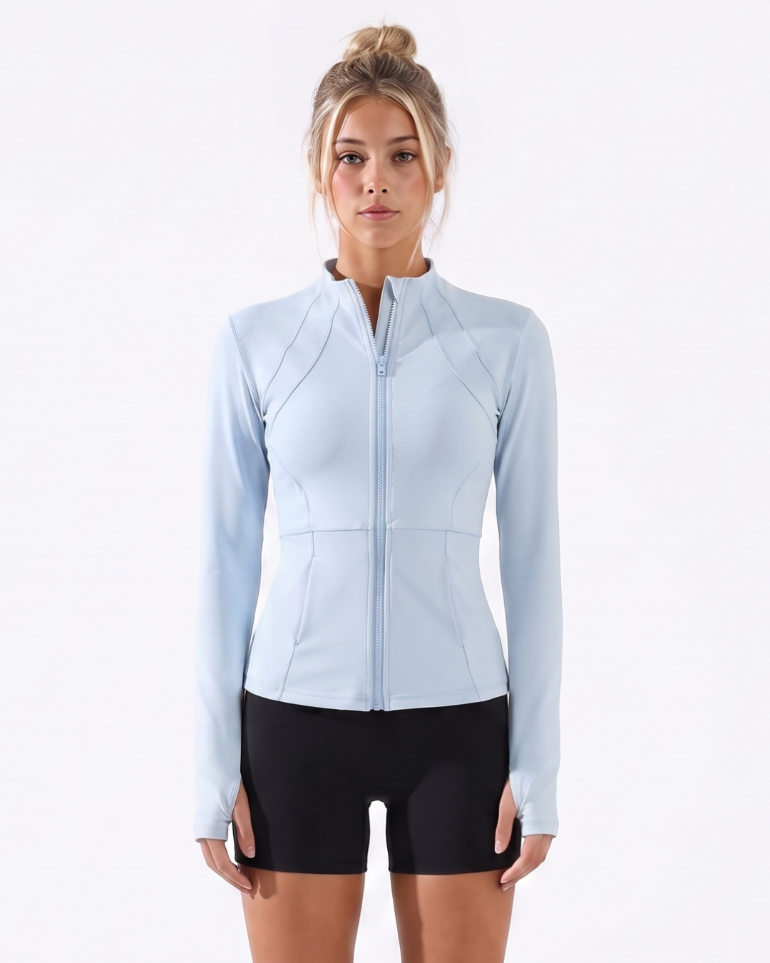 Cadence Fitted Training Jacket in Light Blue, front view #Color_Light Blue