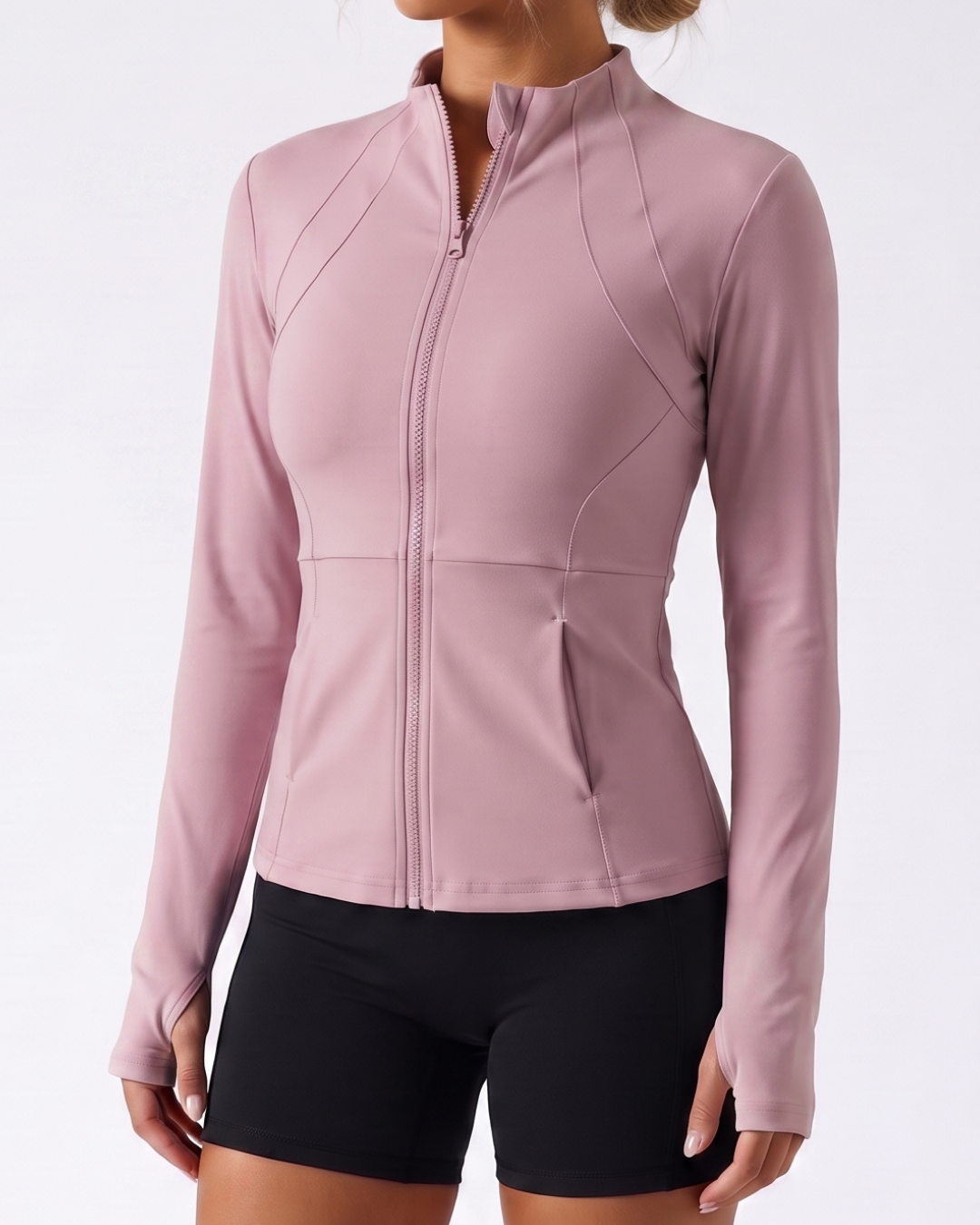 Cadence Fitted Training Jacket in Mauve, contour seams and zip pockets #Color_Mauve