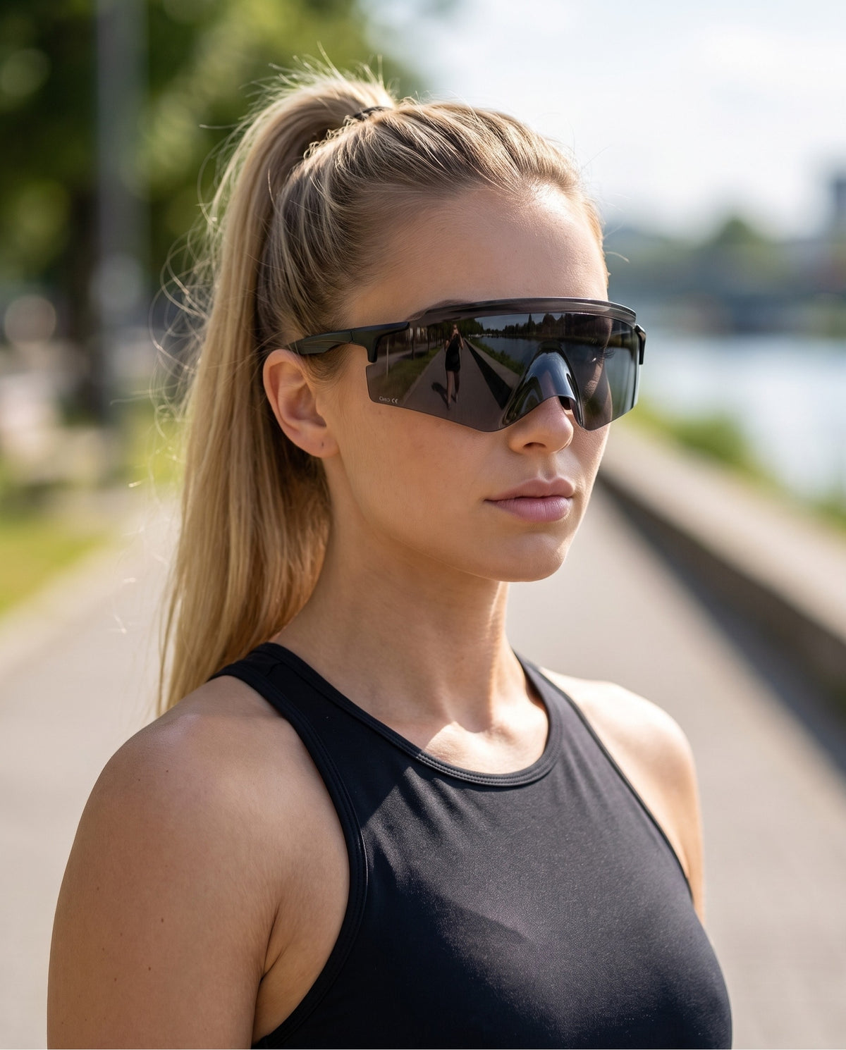 Woman wearing Rundr Vortex Black-Black sunglasses#Color_Black-Black