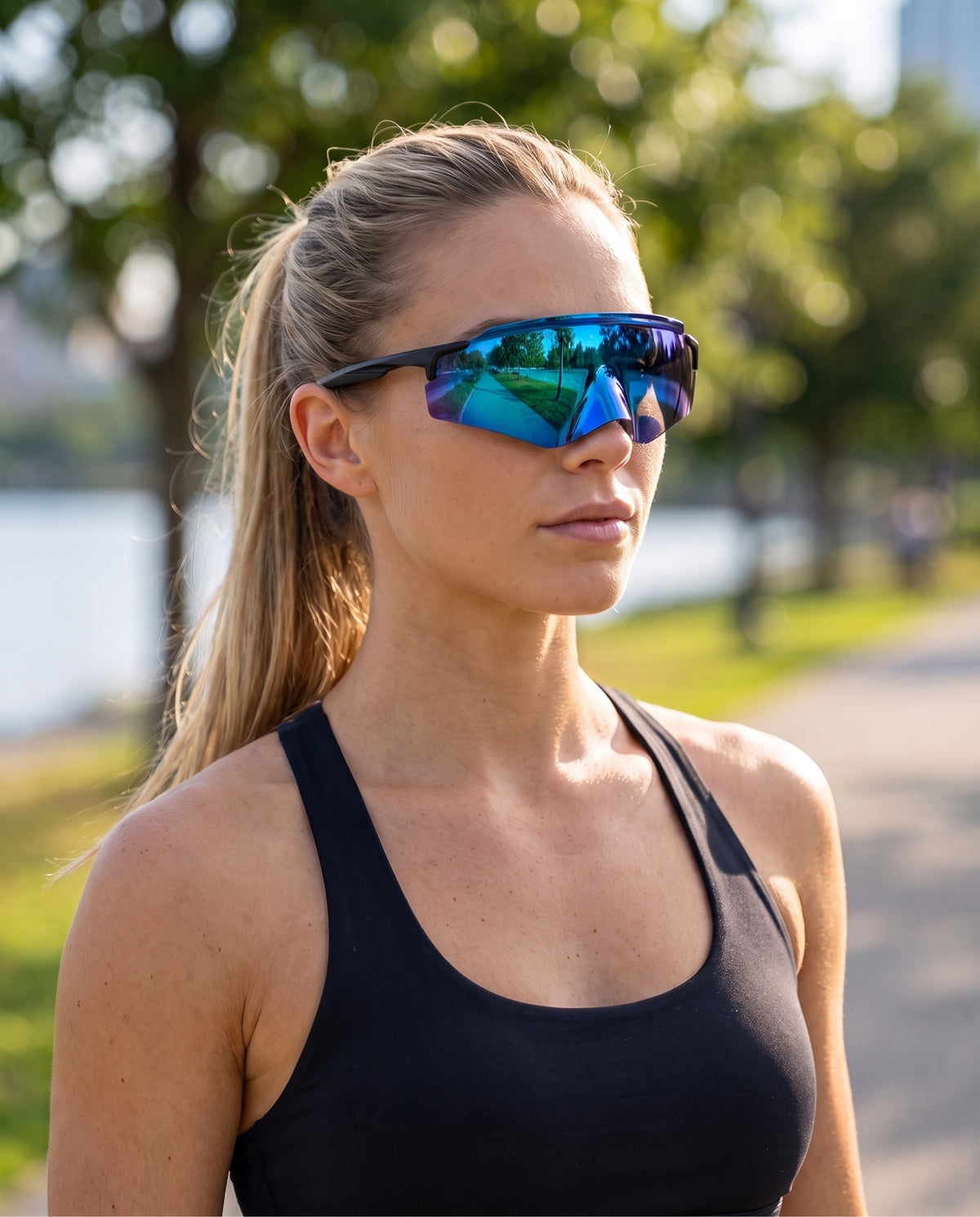 Woman wearing Rundr Vortex Black-Blue sunglasses#Color_Black-Blue