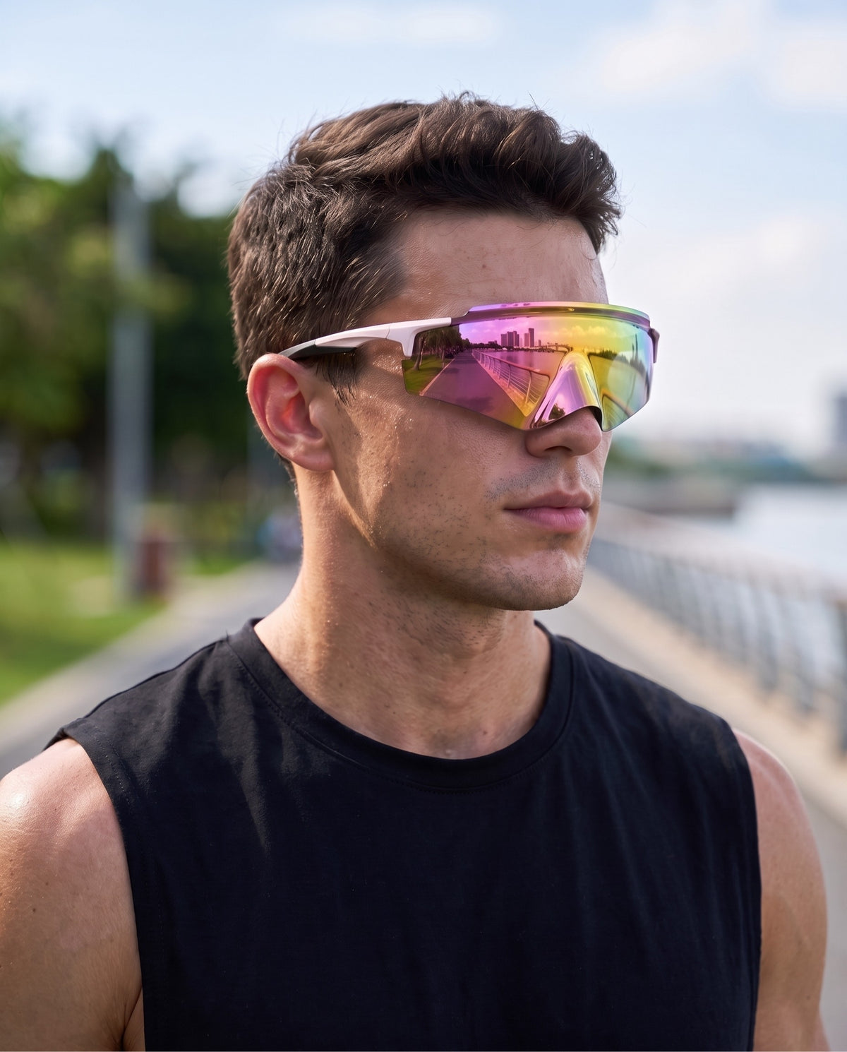 Man wearing Rundr Vortex White-Pink sunglasses#Color_White-Pink