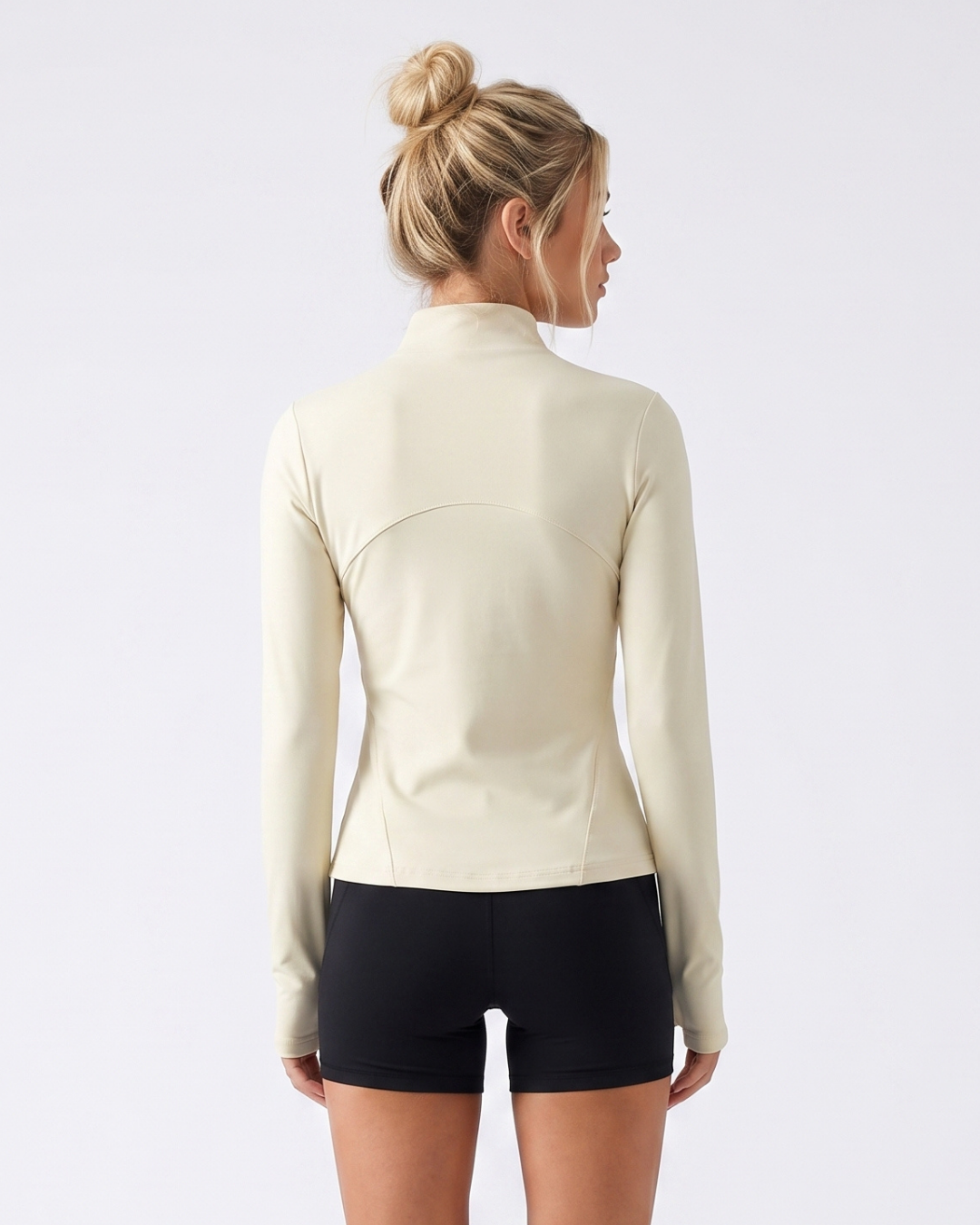 Cadence Fitted Training Jacket in Cream, back view #Color_Cream