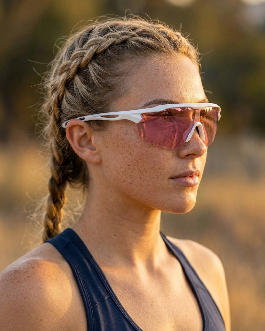 Woman wearing Rundr Aura white pink sunglasses